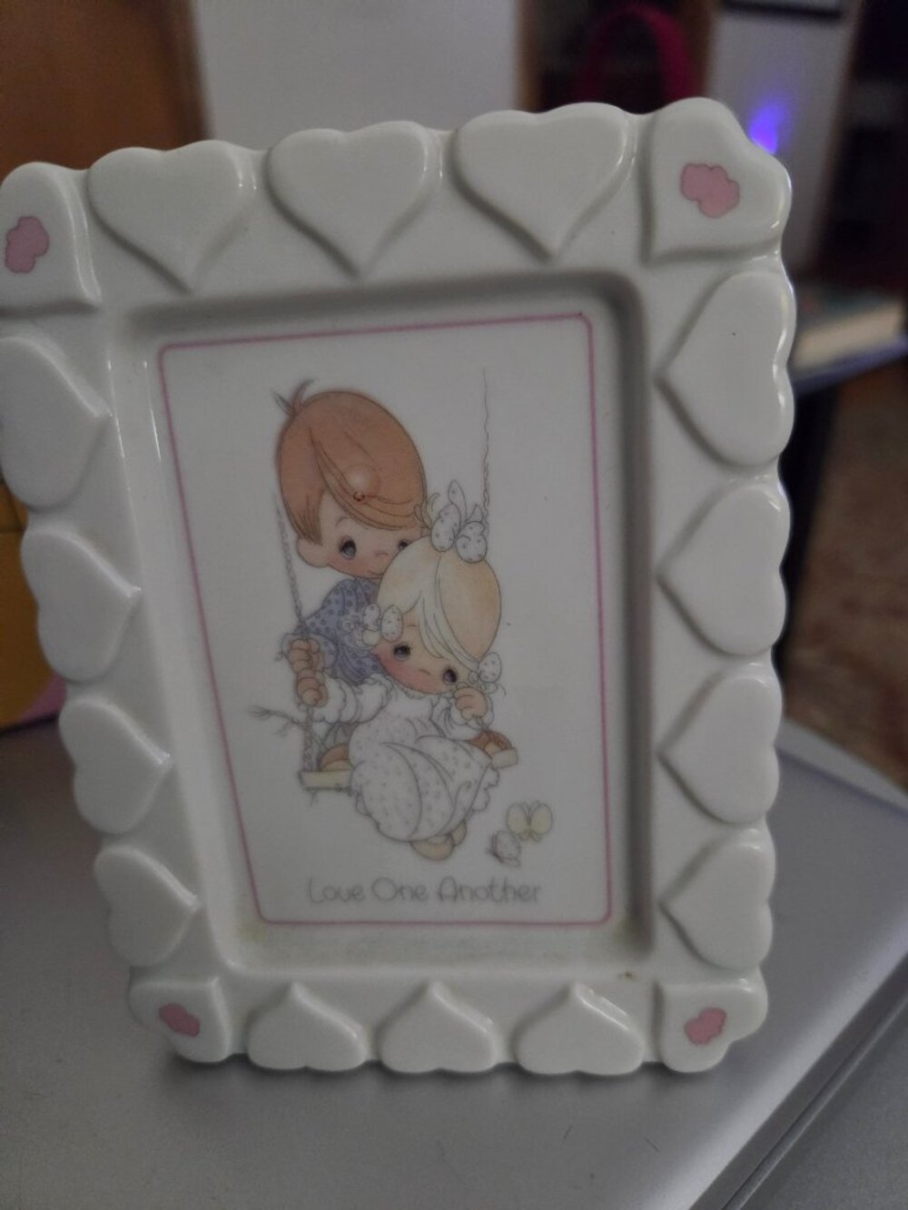 vintage precious moments porcelain frame titled love one another/enesco